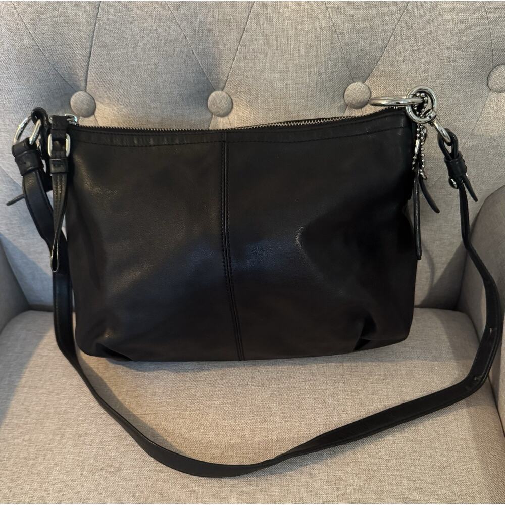Coach Mia Satchel 15729 Black Leather Silver Hardware Purple Lining - Picture 1 of 13